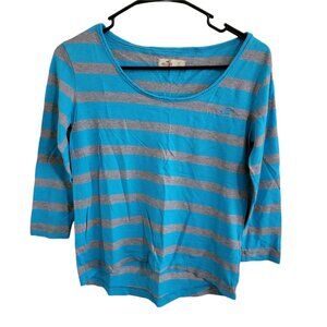 Hollister Knit Top Womens Size XS Blue Gray Striped Long Sleeve Tee T-Shirt